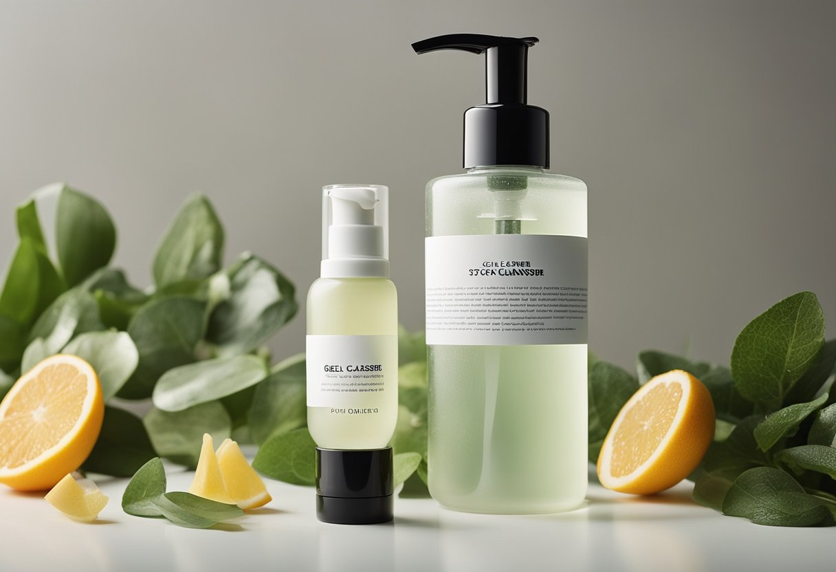 A bottle of gel cleanser surrounded by botanical ingredients and a foam dispenser, with a backdrop of glowing customer reviews