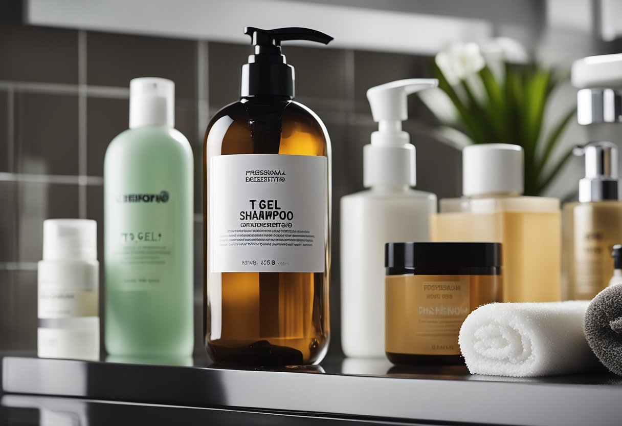 A bottle of T Gel shampoo surrounded by various types of dandruff and scalp care products on a bathroom shelf