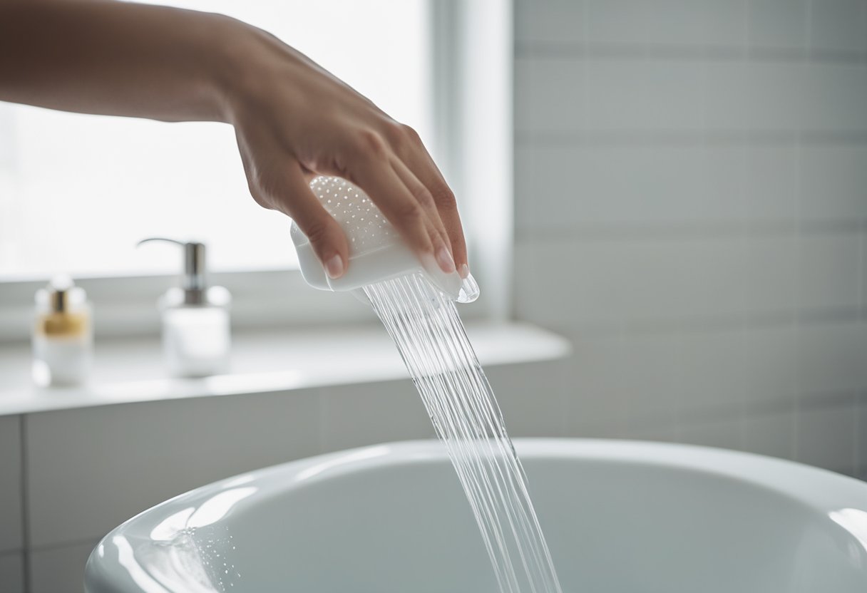 A hand pouring T Gel shampoo onto a scalp with visible dandruff, lathering and rinsing in the shower