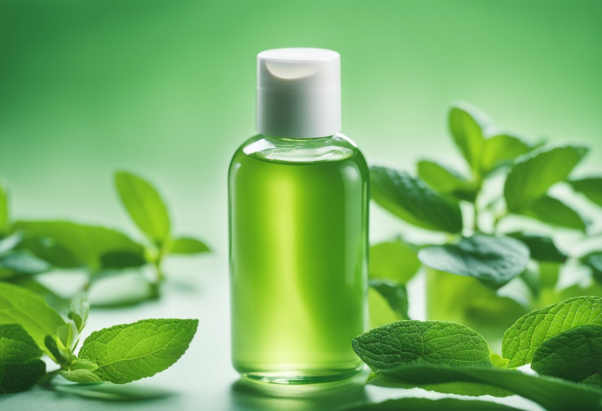 A bottle of T Gel shampoo surrounded by soothing green tea leaves and refreshing mint leaves