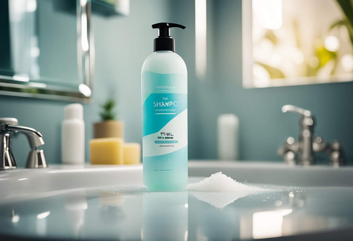 An open bottle of T Gel Shampoo surrounded by a few scattered dandruff flakes on a bathroom countertop