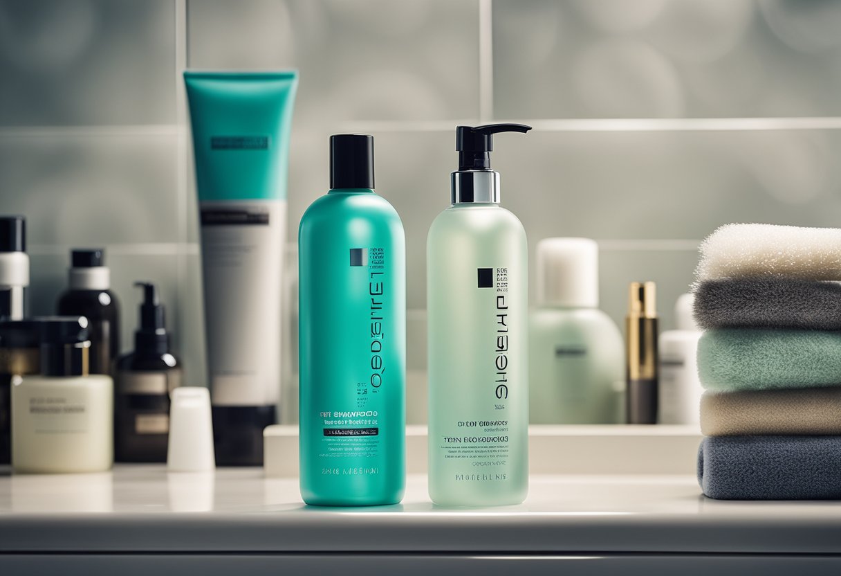 A bottle of T gel shampoo surrounded by various hair care products on a bathroom shelf