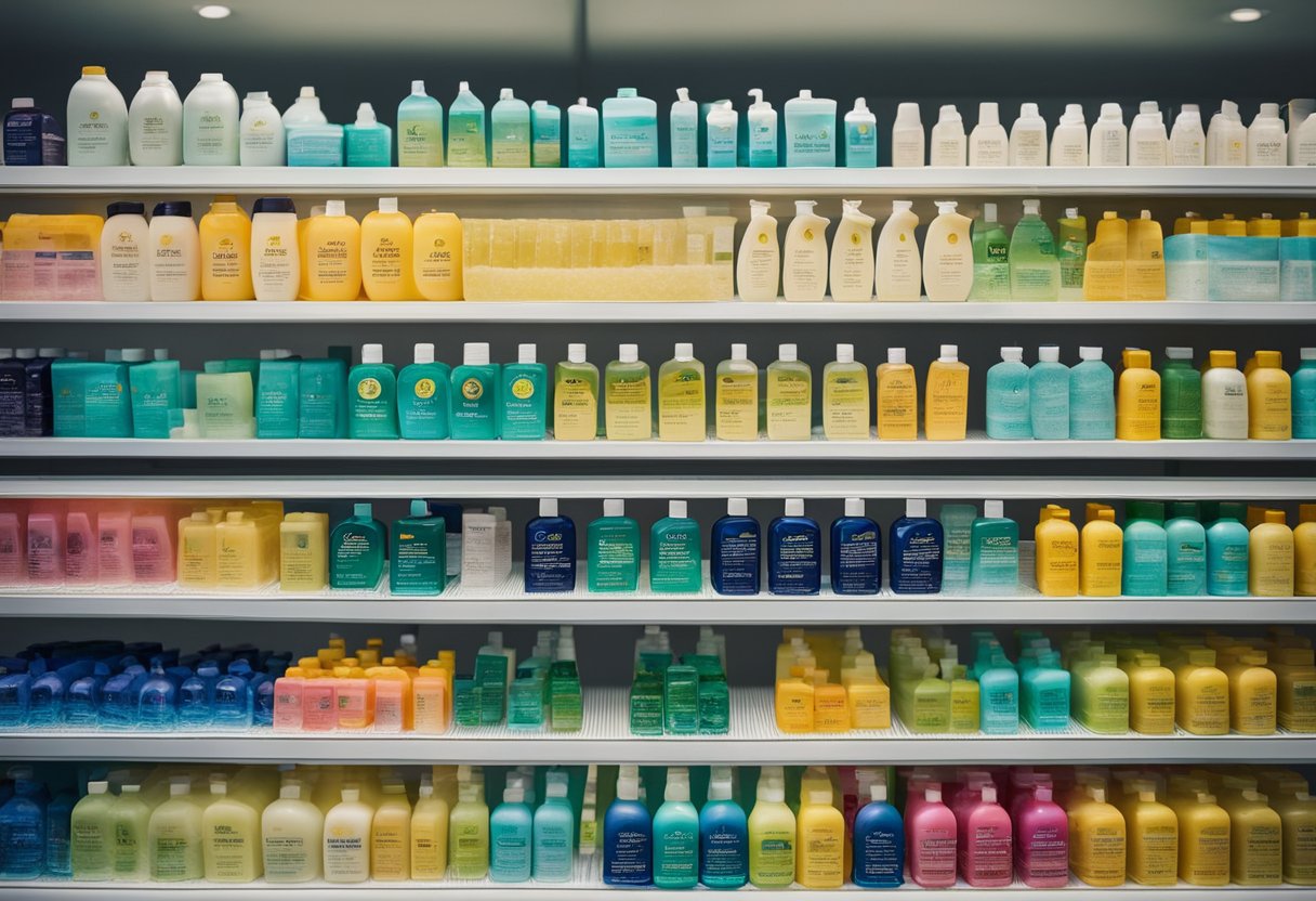 A variety of T Gel shampoo bottles arranged on a shelf