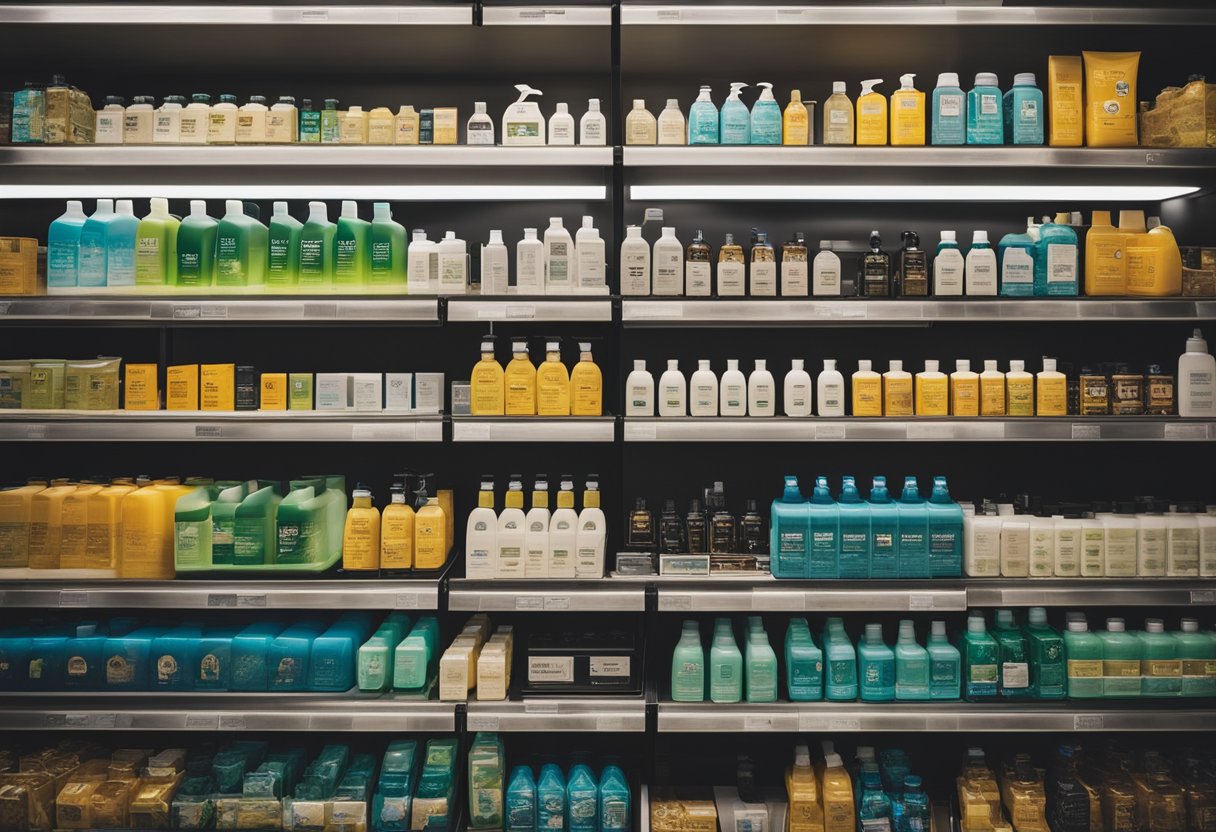 A bottle of t gel shampoo surrounded by various purchase options such as online, in-store, and delivery services