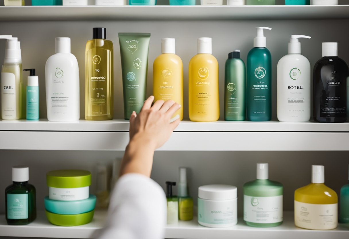 A hand reaching for a bottle of T gel shampoo on a clean, organized shelf with other hair care products