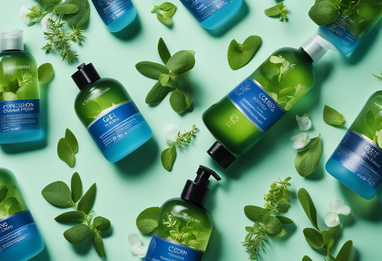 A bottle of Conclusion T Gel shampoo surrounded by soothing blue and green botanicals