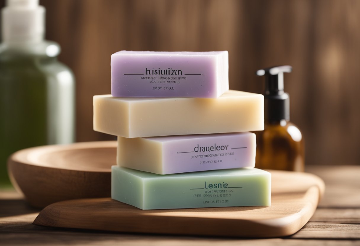 A gentle, soothing soap bar sits on a wooden shelf next to a bottle of moisturizer. Soft lighting highlights the natural ingredients in the products