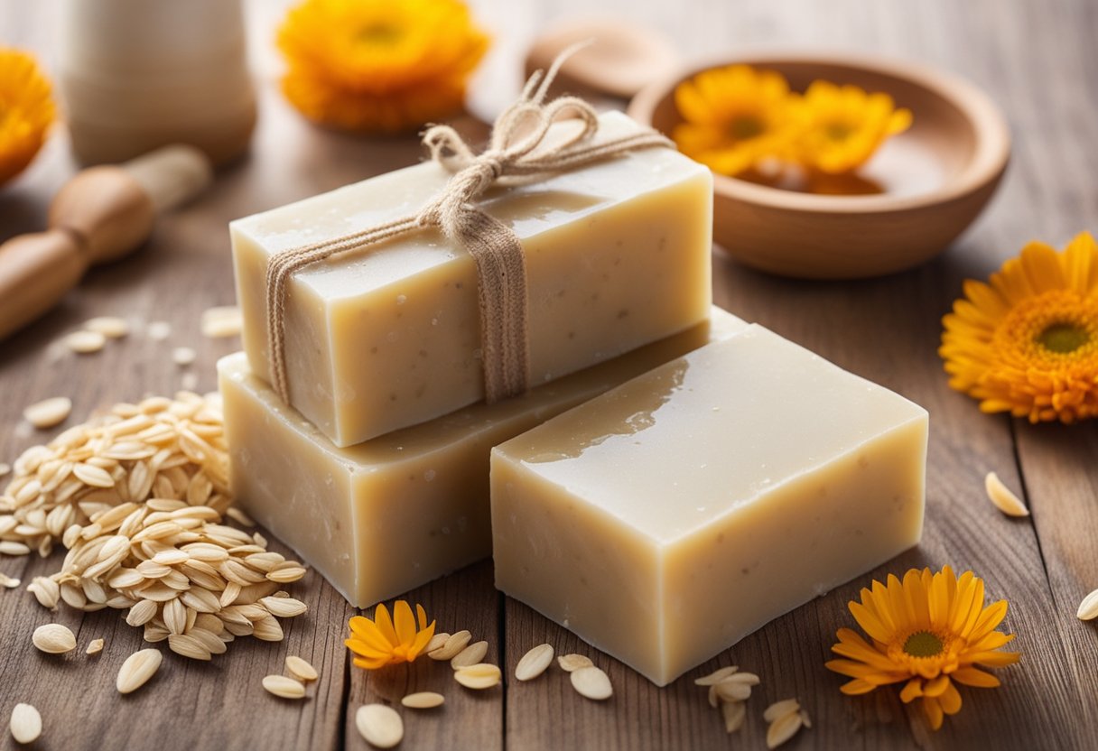 A bar of eczema soap surrounded by soothing natural ingredients like oatmeal, shea butter, and calendula