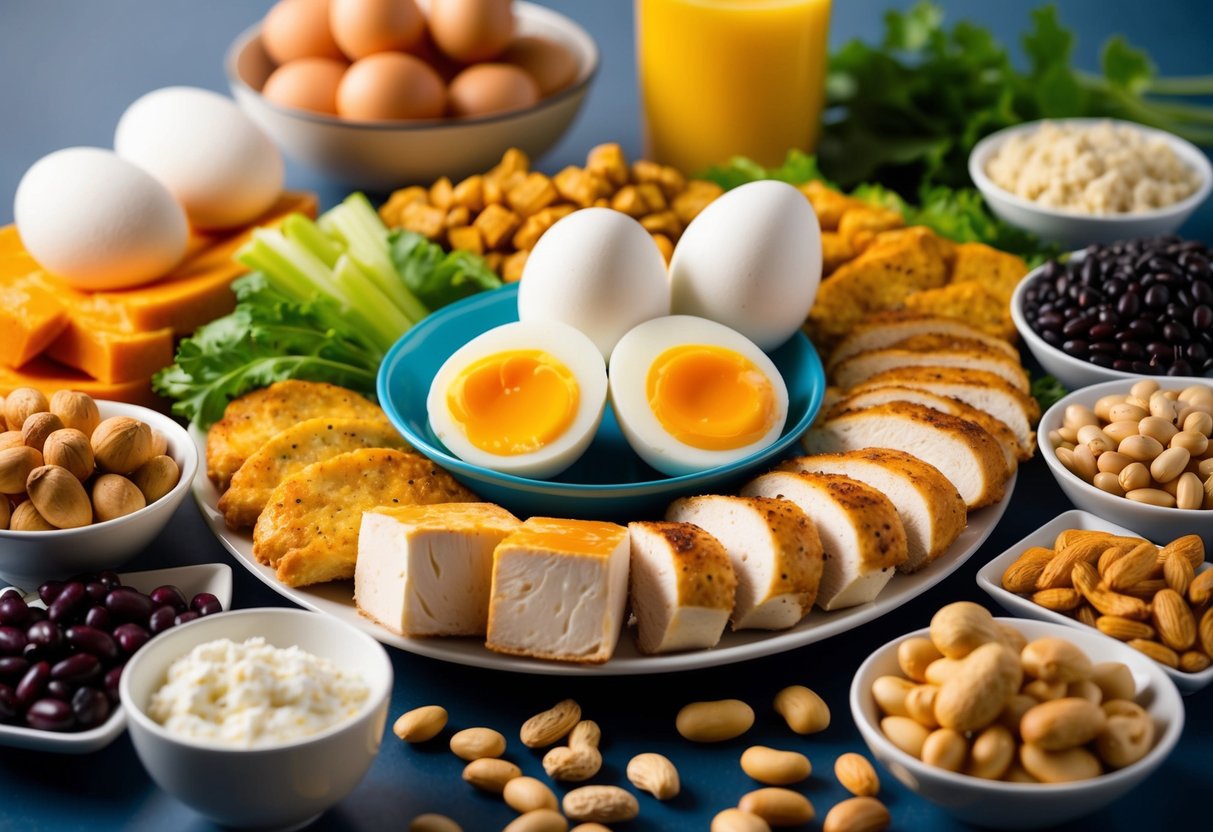 A colorful array of foods spread out on a table, including eggs, chicken breast, tofu, nuts, and beans, with a prominent focus on protein-rich options