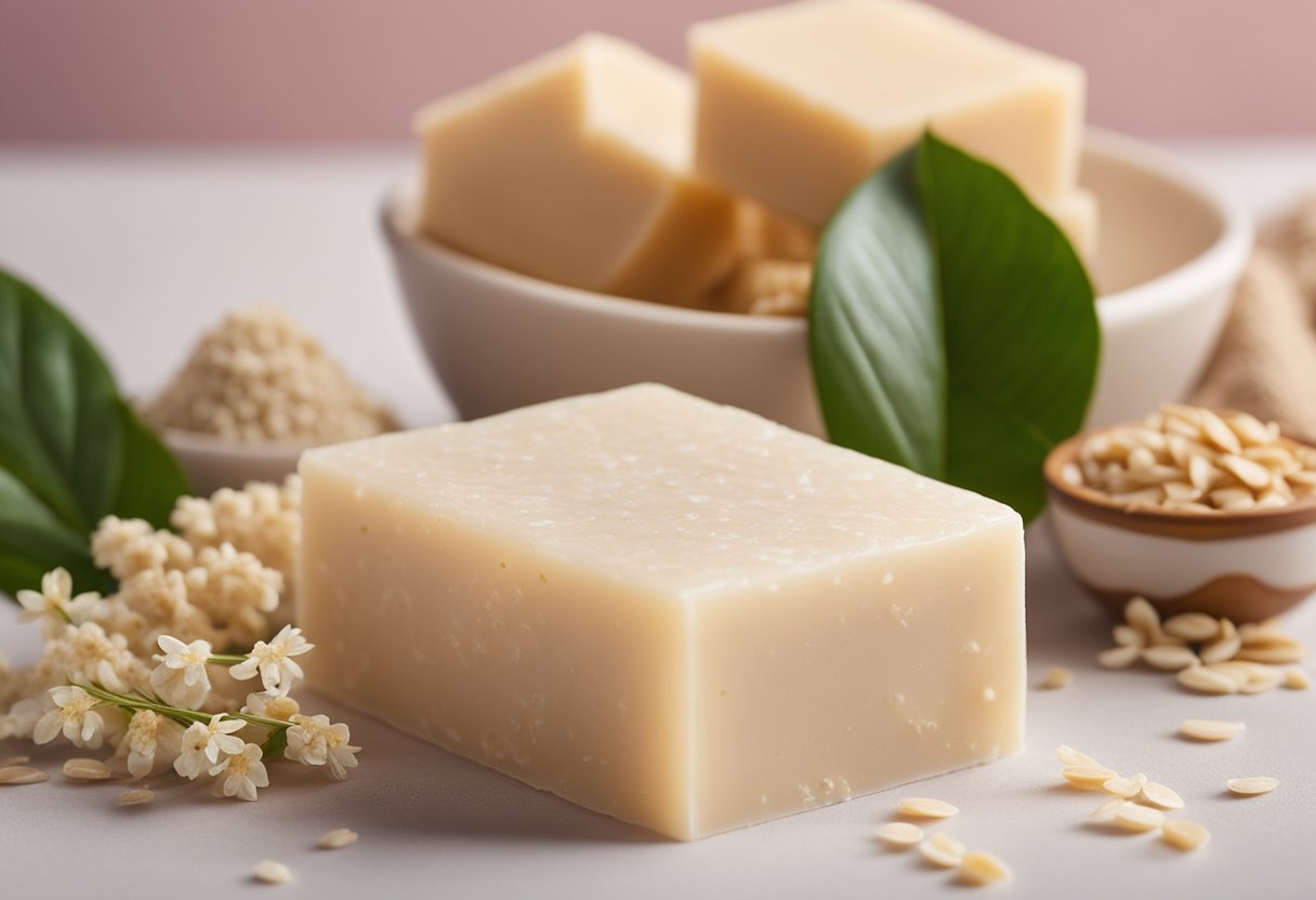 A bar of eczema soap surrounded by soothing natural ingredients like oatmeal, shea butter, and essential oils, displayed against a backdrop of soft, pastel colors