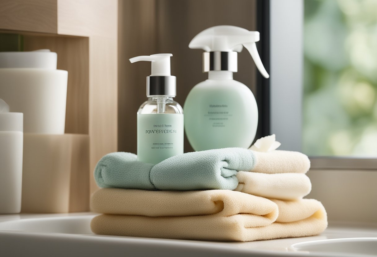 A serene bathroom shelf with various natural soaps and a bottle of moisturizer, surrounded by soft, pastel-colored towels