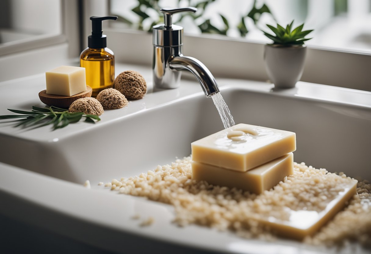 A sink surrounded by natural ingredients like oatmeal, shea butter, and coconut oil, with a bar of eczema soap prominently displayed