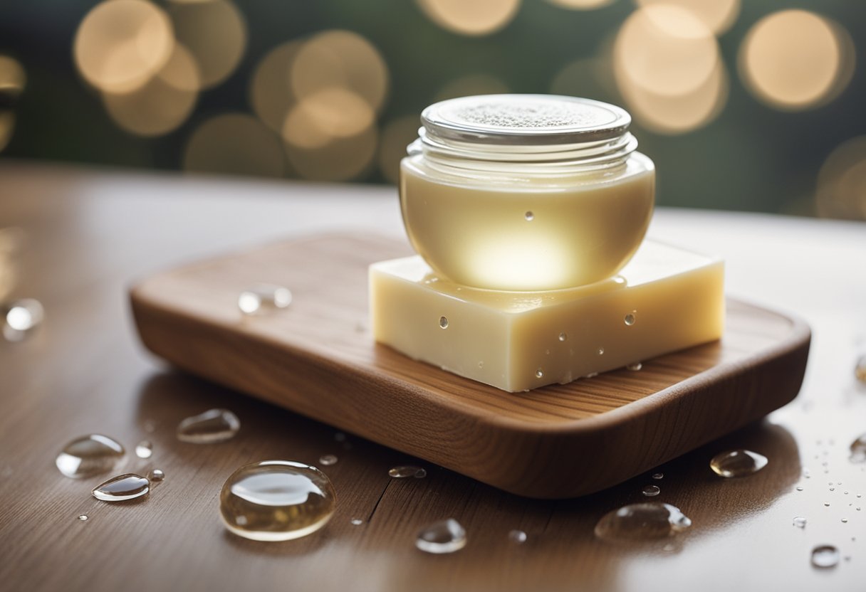 A bar of eczema soap sits on a wooden soap dish next to a bottle of moisturizing lotion, surrounded by droplets of water