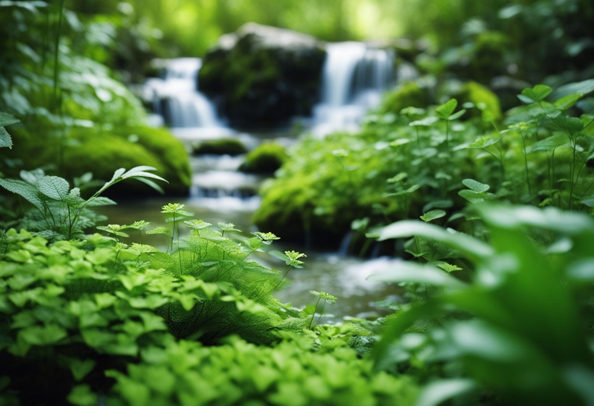 A serene, natural landscape with a bubbling stream, lush greenery, and a variety of healing herbs and plants growing in the foreground