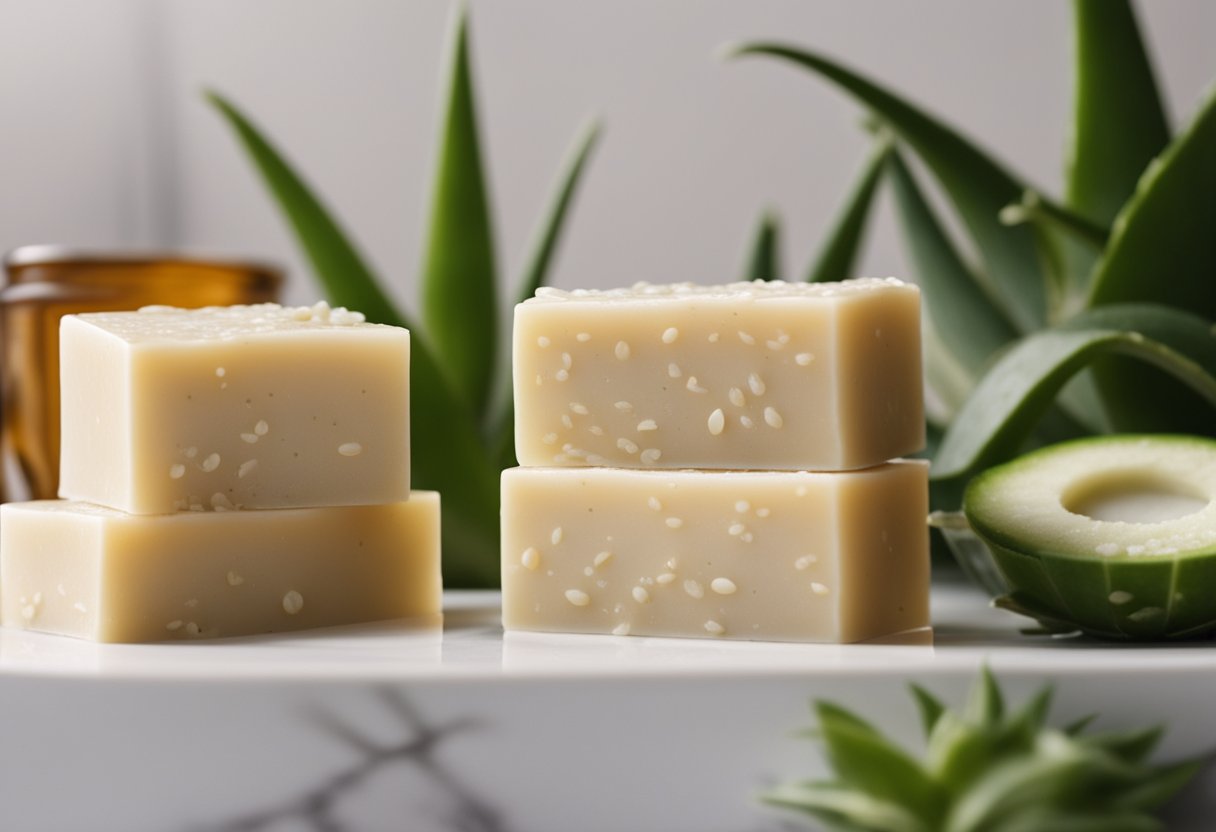 A person using eczema soap while surrounded by soothing, natural elements such as aloe vera and oatmeal