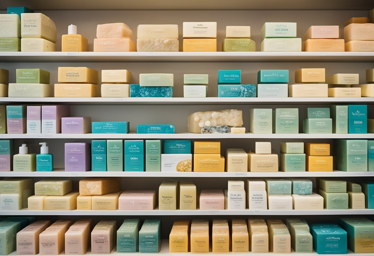 A shelf filled with various eczema soaps in a New Zealand store, with colorful packaging and labels indicating their soothing properties