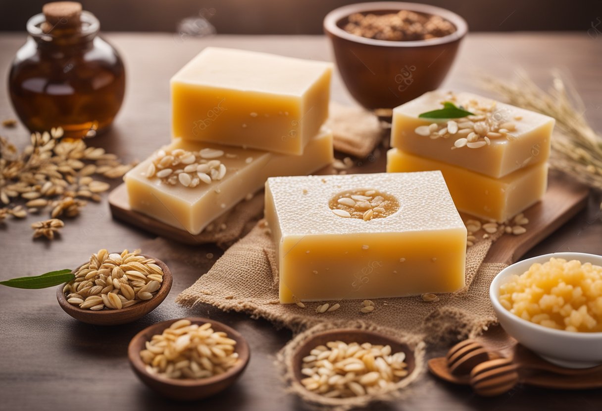 A bar of eczema soap surrounded by various natural ingredients like oats, honey, and shea butter, with a gentle stream of water in the background