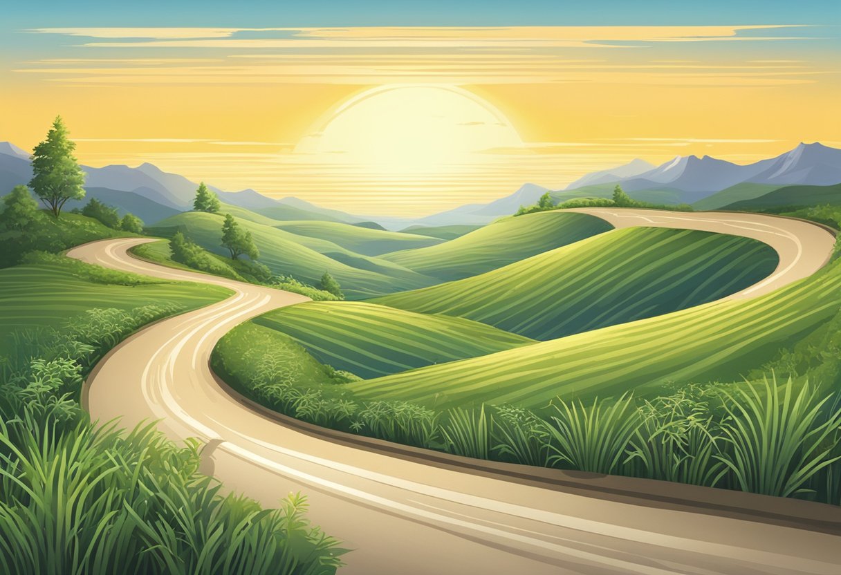 Digital photo of rolling, green hills, and dirt roads.