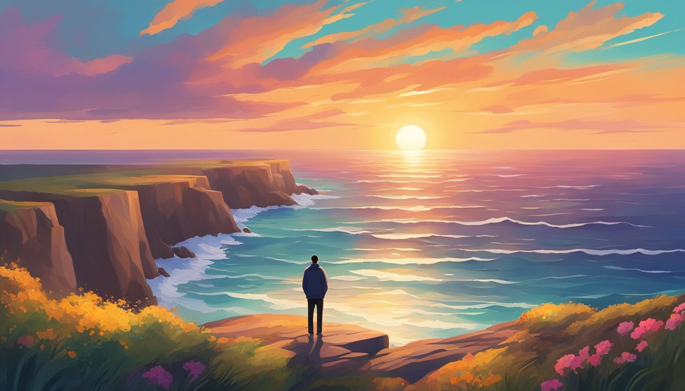 A lone figure stands on a cliff overlooking a vast ocean, with waves crashing against the shore. The sky is filled with vibrant colors as the sun sets, casting a warm glow over the scene