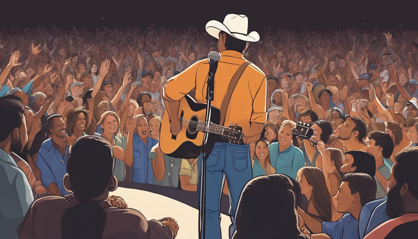 George Strait performing on a small stage, surrounded by a supportive crowd. The atmosphere is filled with energy and passion as he sings his heart out