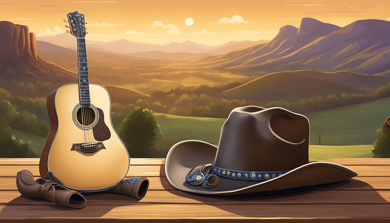 A cowboy hat rests on a guitar case beside a lasso and saddle, set against a backdrop of rolling hills and a country music stage