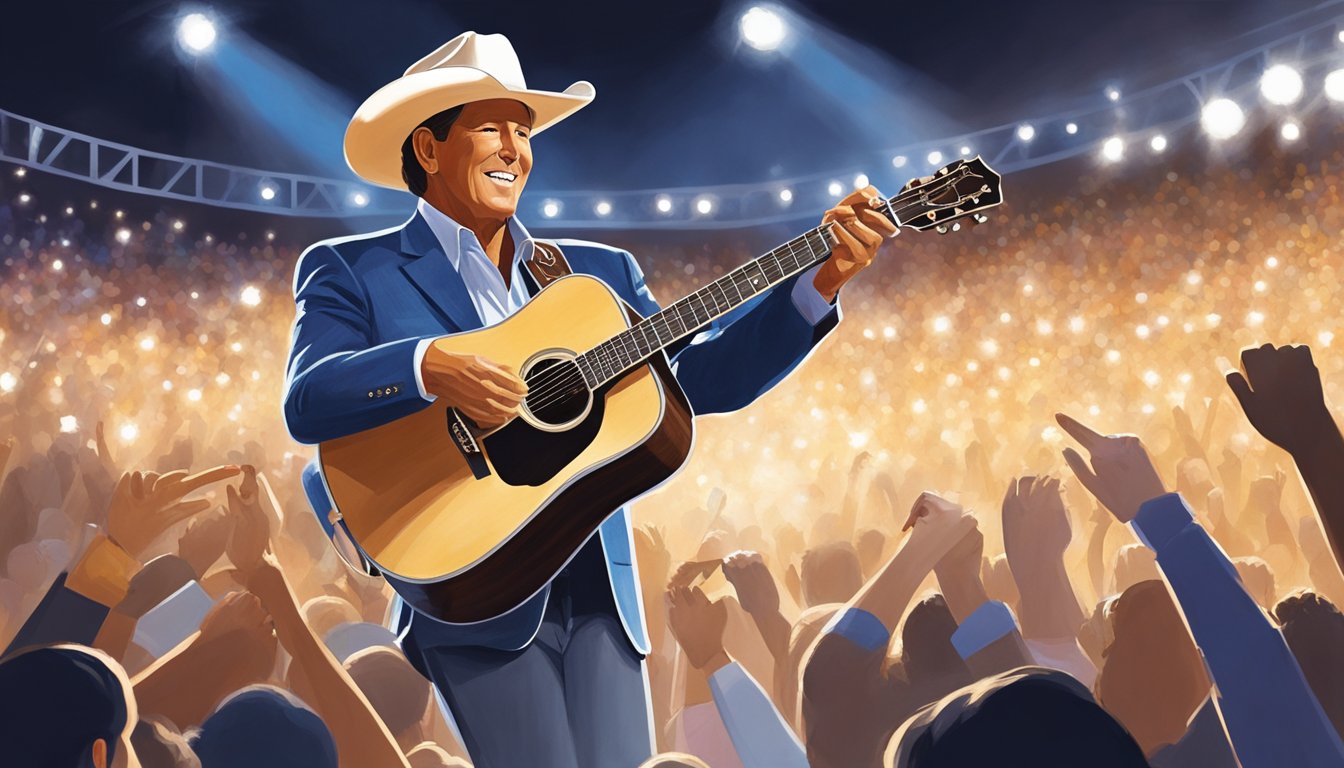 George Strait on stage, surrounded by cheering fans, with a spotlight shining down on him. He holds a guitar and sings passionately, exuding confidence and determination