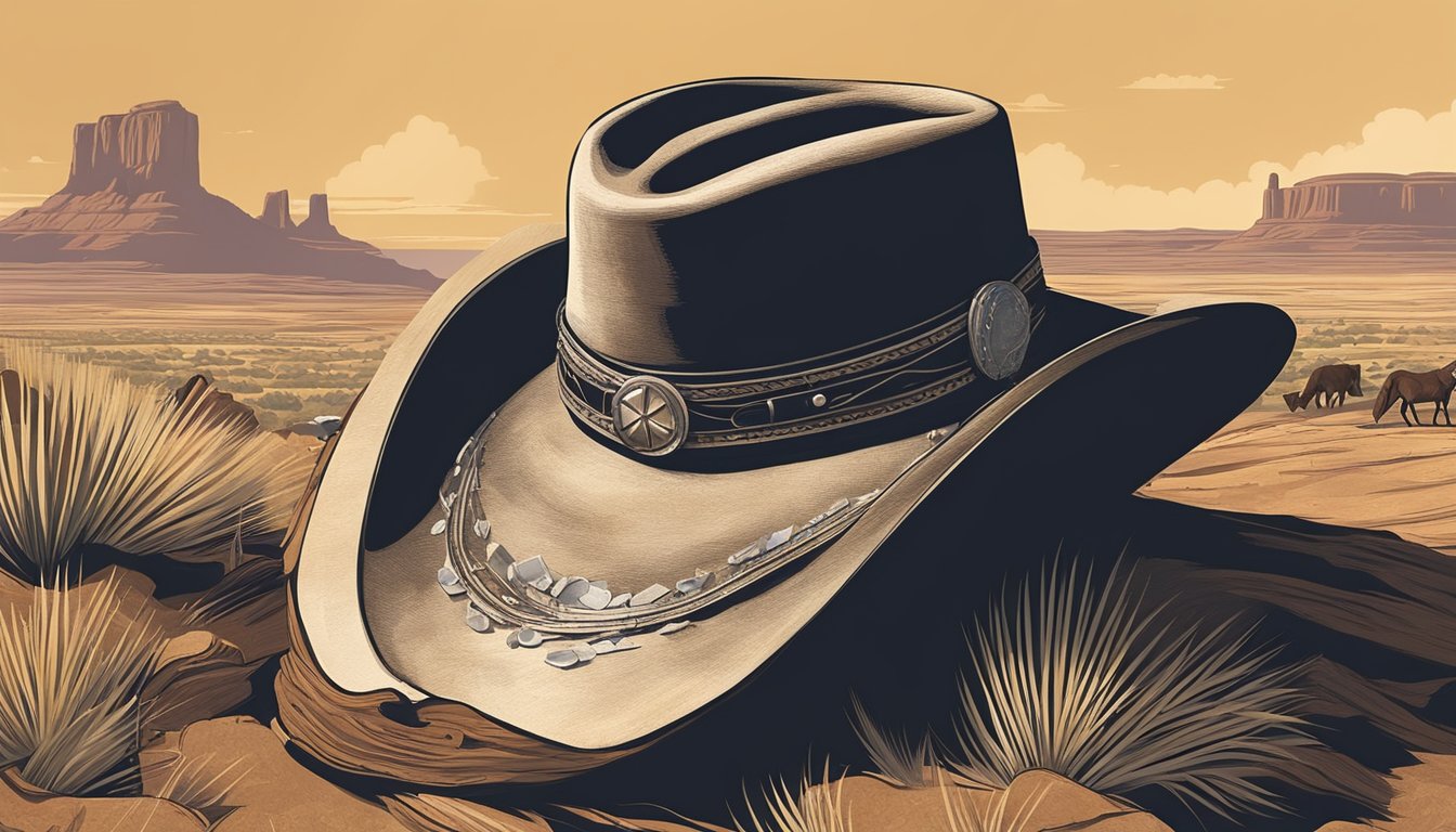 A lone cowboy hat rests on a weathered guitar, surrounded by swirling notes and the open expanse of a wild west landscape