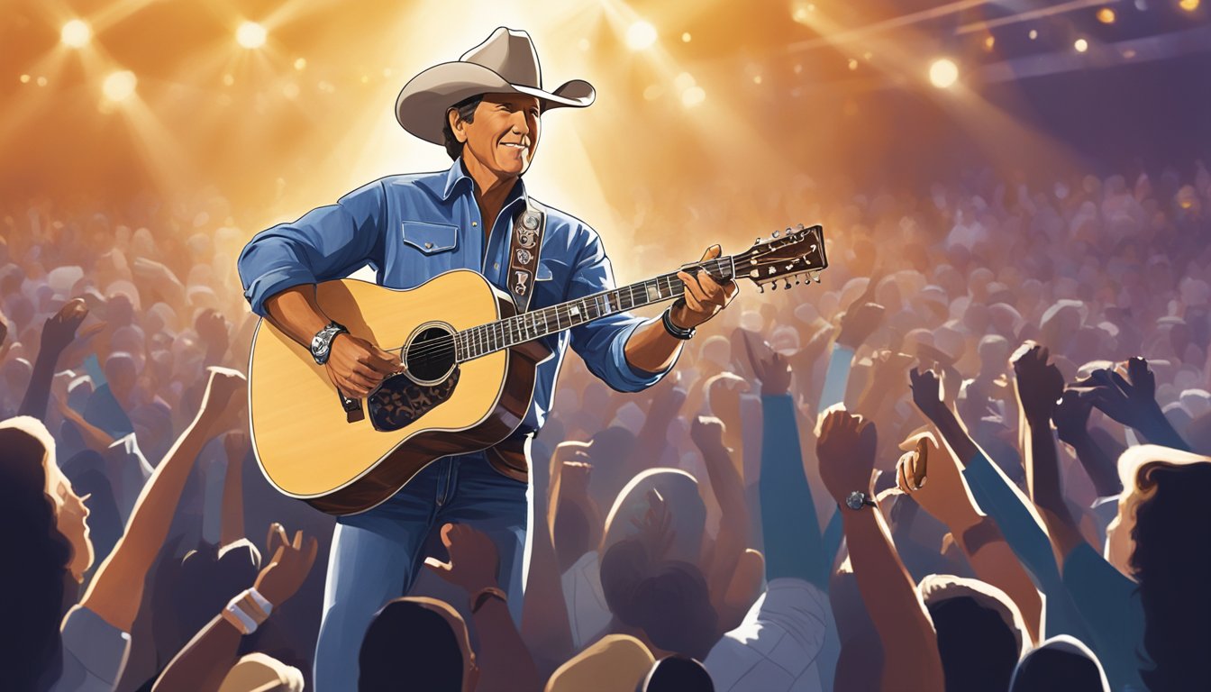 George Strait performing on stage in front of a cheering crowd, with a spotlight shining down on him as he confidently holds his guitar