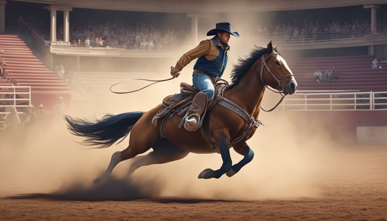 A lone cowboy on horseback expertly lassos a bucking bronco in a dusty rodeo arena