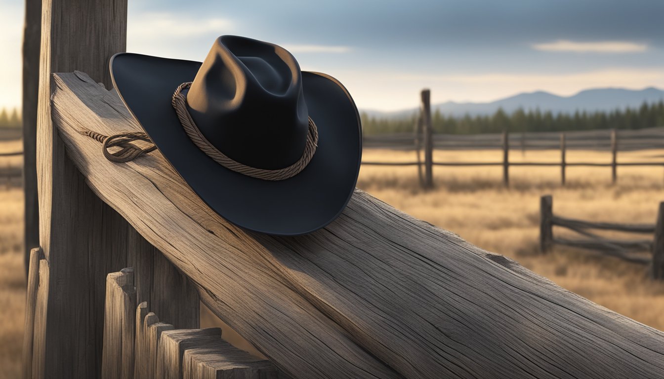 A lone cowboy hat resting on a weathered fence post, with a lasso coiled nearby and the silhouette of a horse in the distance