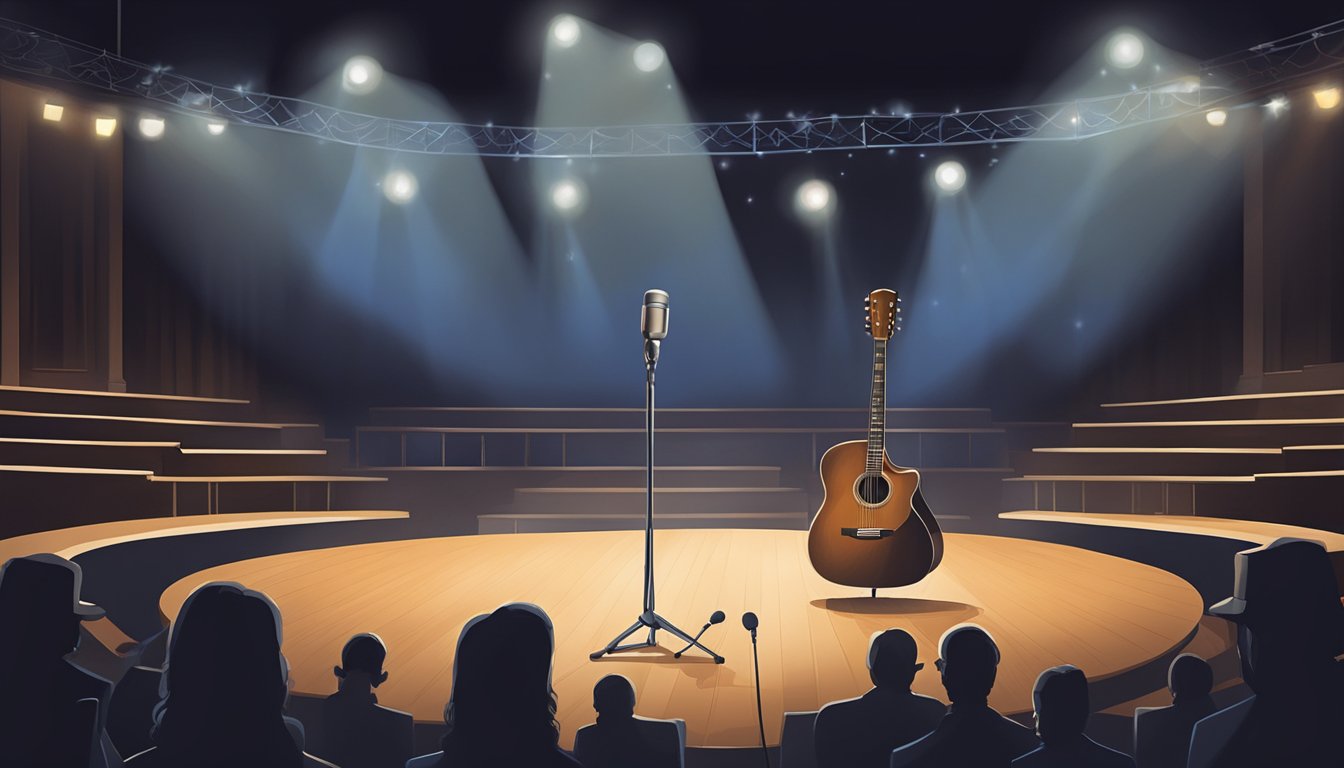 A lone microphone stands on an empty stage, bathed in a spotlight. Guitars and musical notes float around it, capturing the essence of George Strait's fleeting doubt