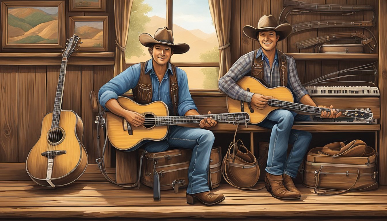 A pedal steel and fiddle sit on a rustic wooden stage, surrounded by a lasso and cowboy hat. The instruments exude country charm and evoke the spirit of George Strait's lesser-known passion for roping and riding