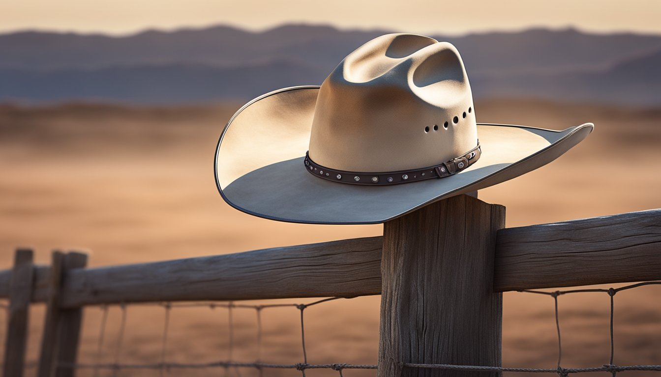 A lone cowboy hat resting on a weathered fence post, surrounded by the open expanse of a dusty rodeo arena