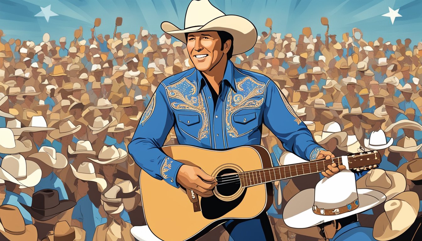 George Strait surrounded by awards, a microphone, and a cowboy hat on a stage