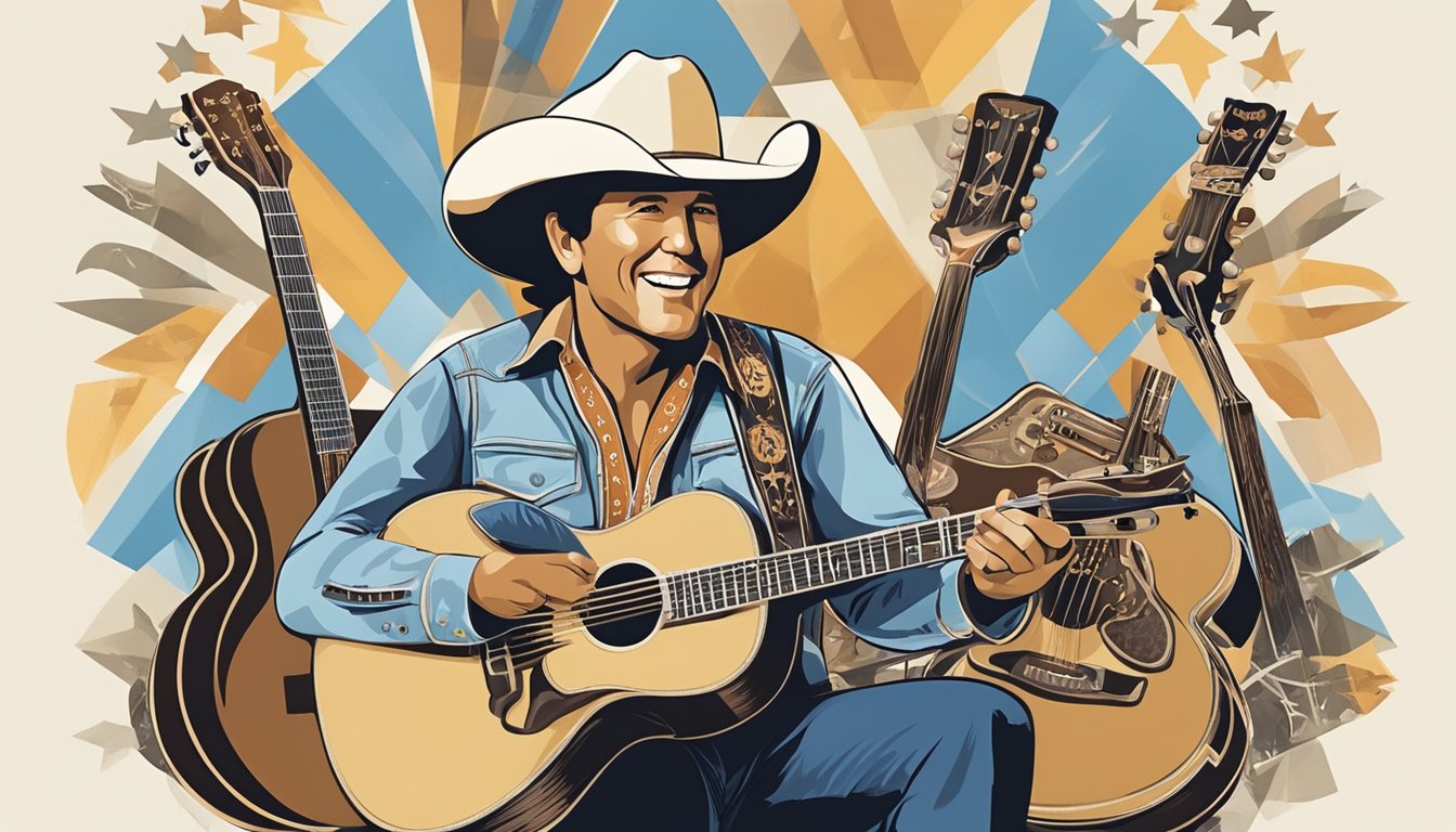 George Strait performing on stage to a cheering crowd, surrounded by iconic country music symbols and instruments