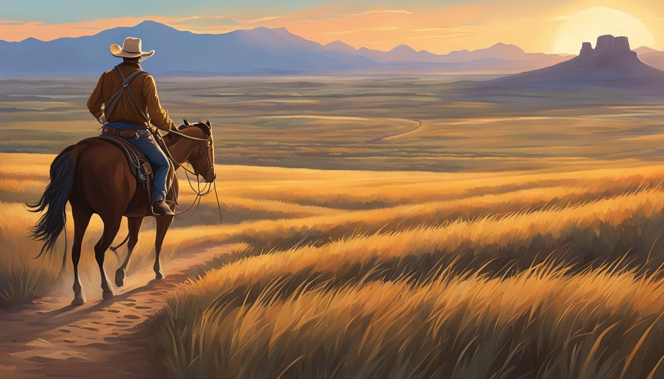 A lone cowboy rides into the sunset, lasso in hand, with a guitar slung over his back. The open plains stretch out before him, echoing the stories he weaves through his country songs