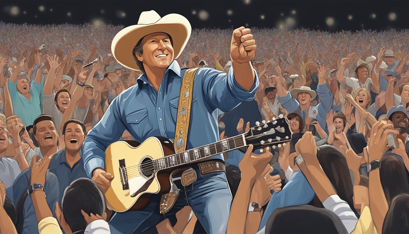 George Strait in cowboy hat on stage, surrounded by cheering fans, with a guitar in hand and a microphone stand in front