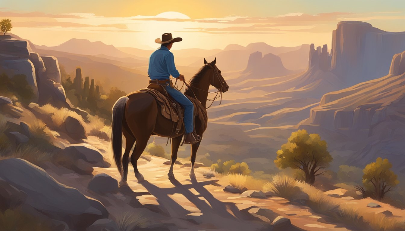 A lone cowboy rides through a rugged landscape, his horse picking its way along a narrow, winding trail. The setting sun casts long shadows across the rocky terrain