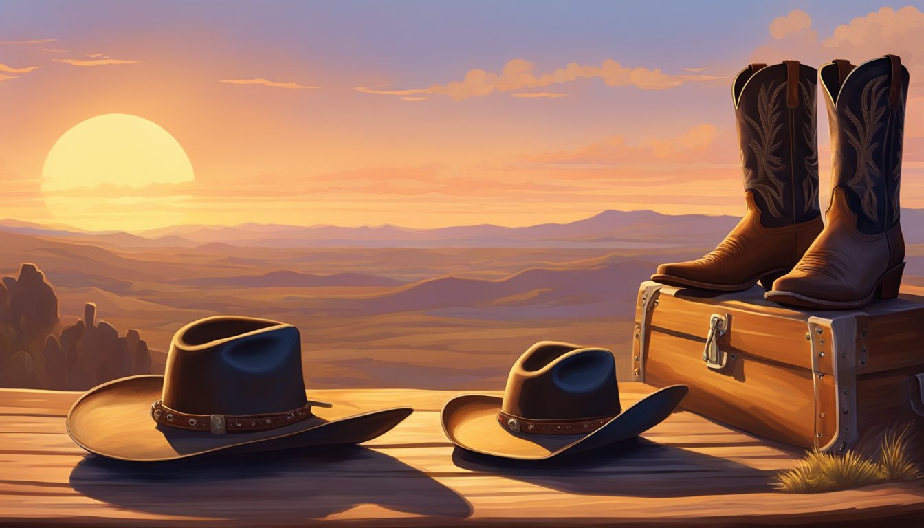 A lone cowboy hat sits atop a weathered guitar case, bathed in the warm glow of a setting sun, as a pair of boots stand nearby, pointing towards the horizon