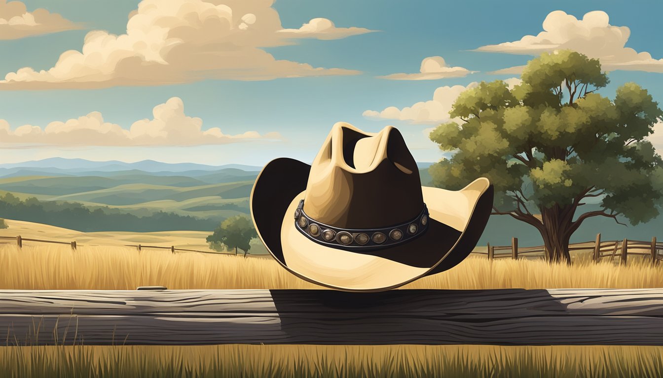 A lone cowboy hat rests on a weathered wooden fence, surrounded by rolling hills and a vast Texas sky