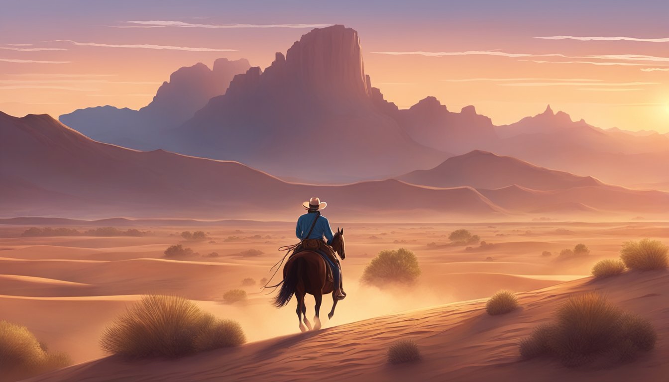 A lone cowboy rides through a vast desert landscape at dawn, with a guitar strapped to his back and a melody in his heart