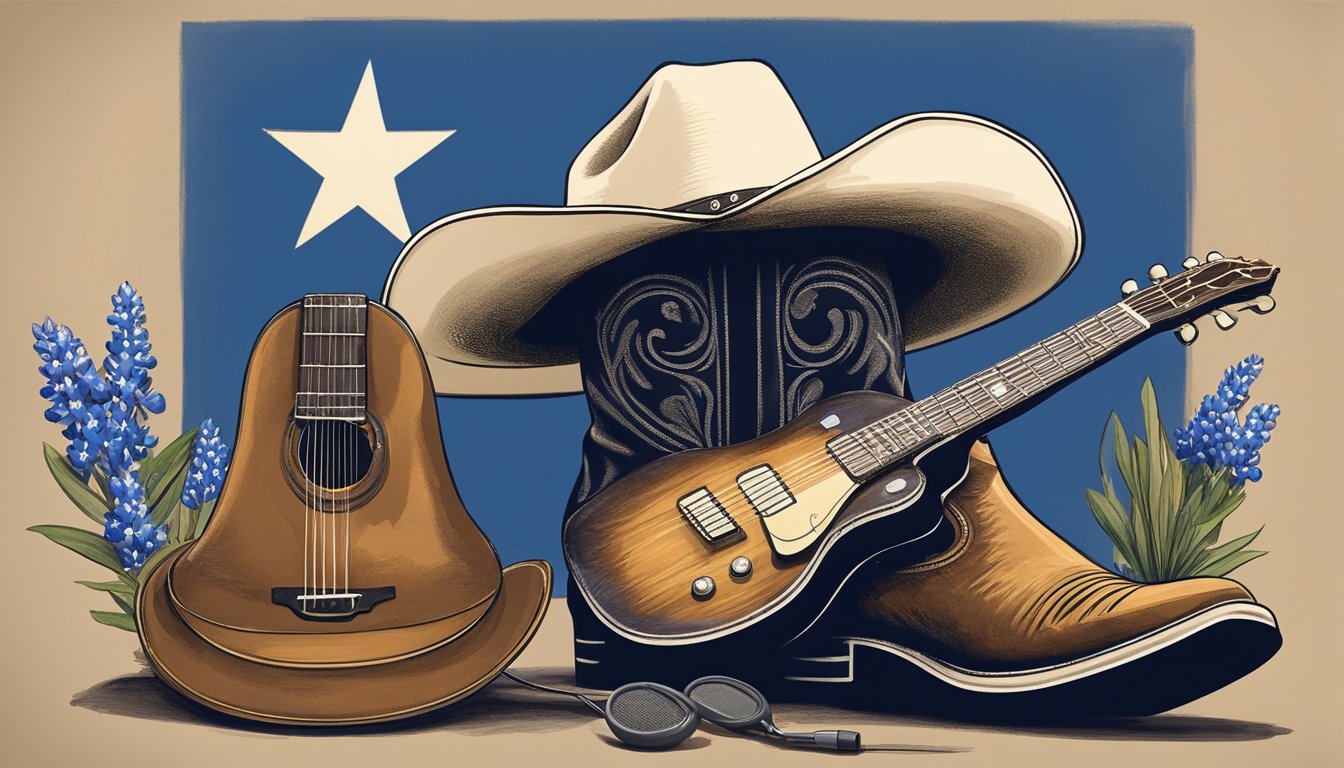 A cowboy hat and boots on a stage with a guitar and microphone, surrounded by iconic Texas symbols like bluebonnets and a lone star flag