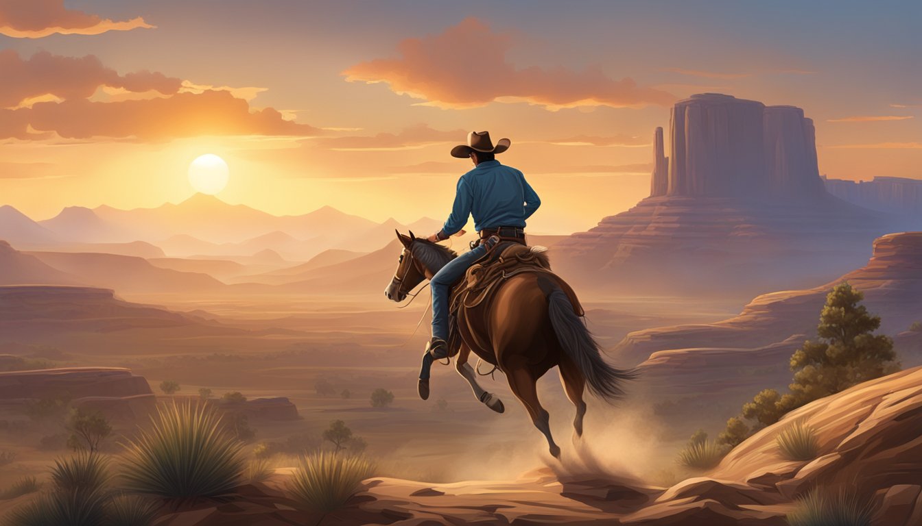 A cowboy rides a bucking bronco at sunrise, with a rugged landscape in the background