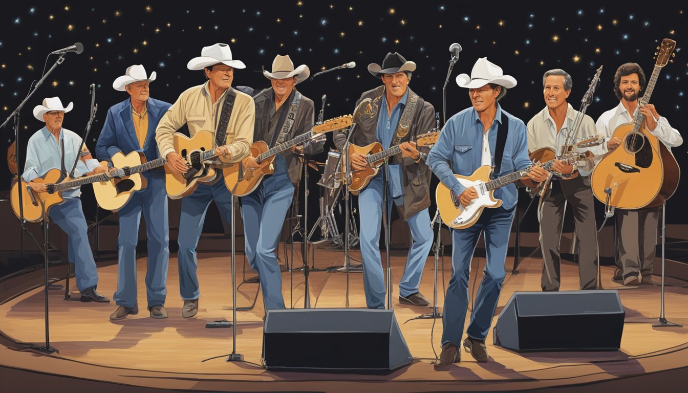 A group of musicians playing various instruments on stage, with George Strait at the center, surrounded by his band members throughout the years