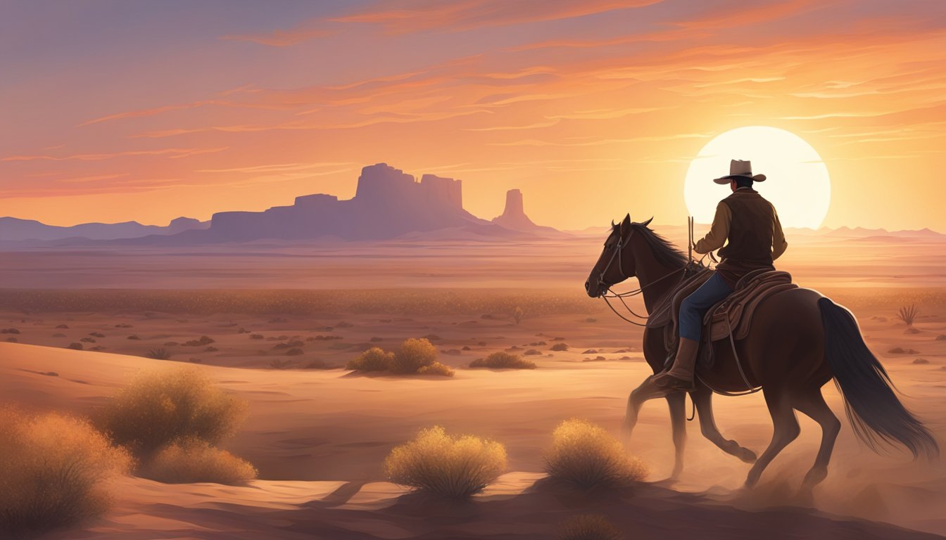 A lone cowboy riding horseback through a vast, open desert landscape at sunrise