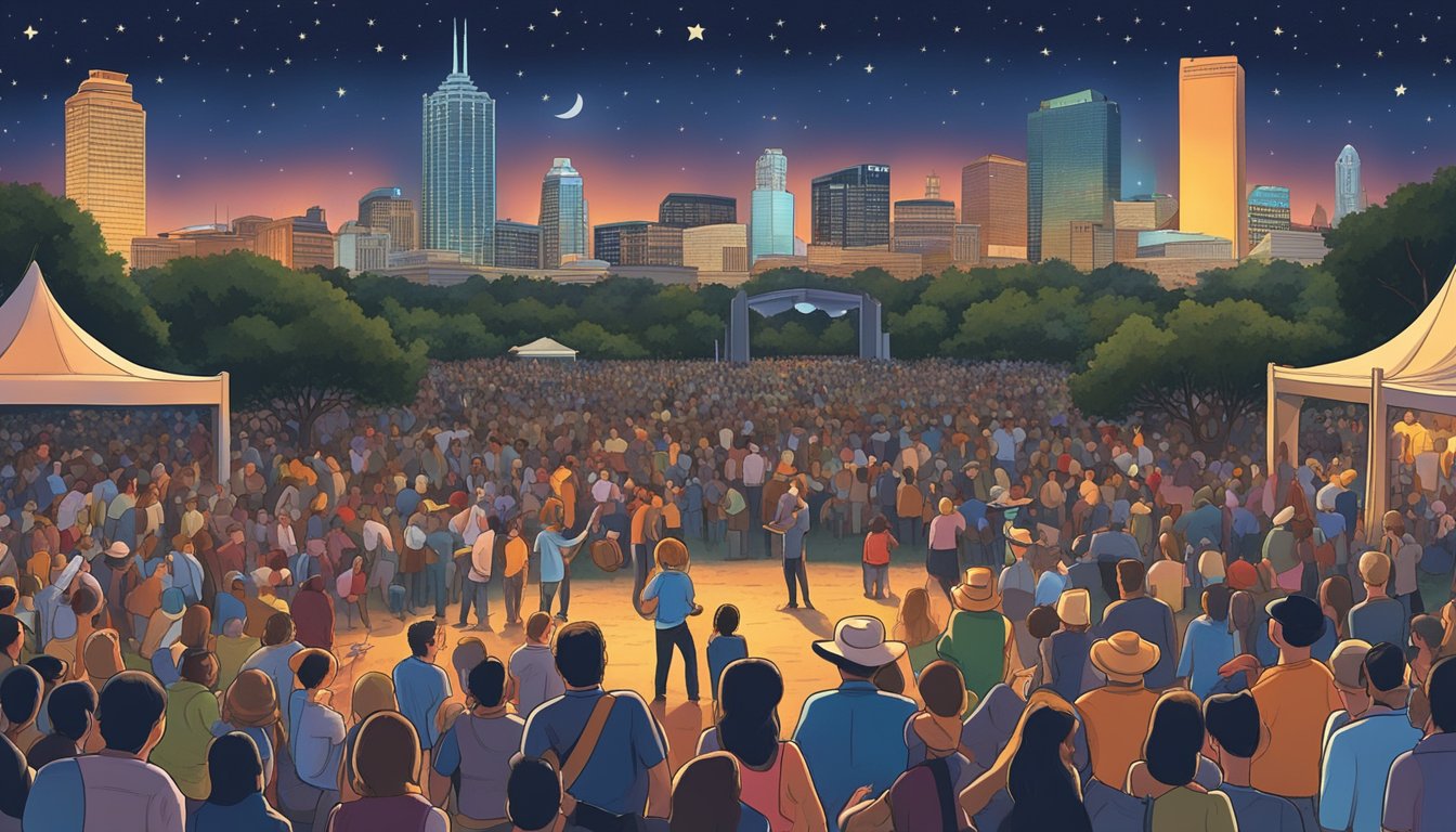 A lively concert crowd gathers under the Texas night sky, surrounded by iconic Lone Star State landmarks