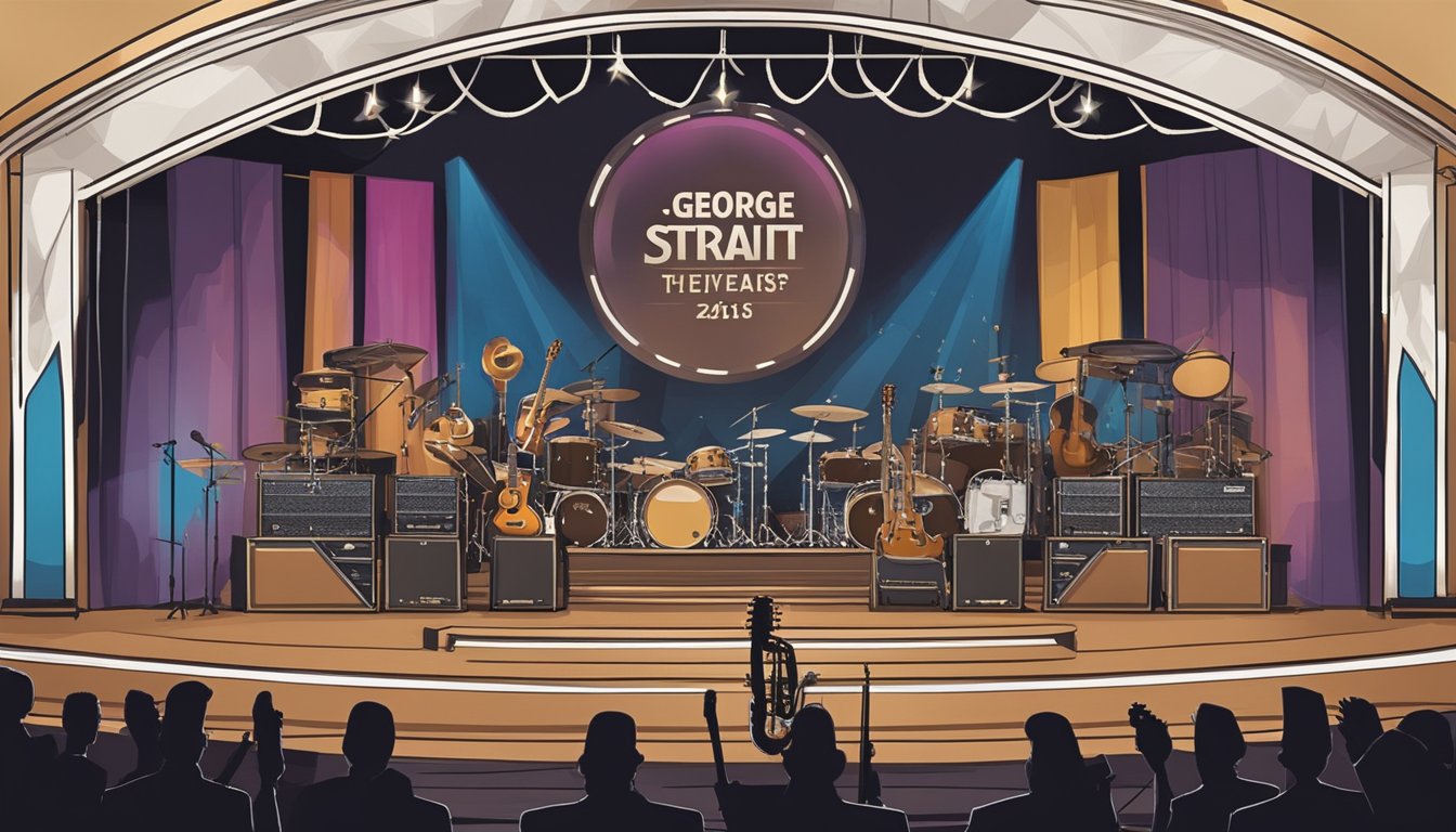 A stage with musical instruments and awards displayed, representing George Strait's band through the years