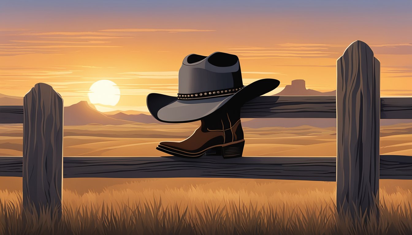 A lone cowboy hat resting on a weathered wooden fence post, with a dusty pair of cowboy boots at its base. The sun sets behind a silhouette of a distant Texas landscape