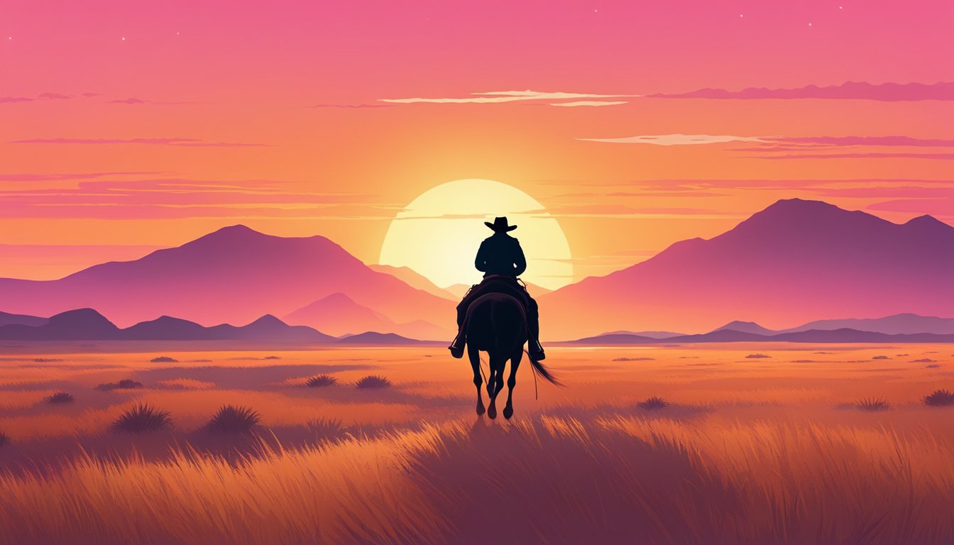 A lone cowboy rides through a vast, golden prairie at dawn, silhouetted against a vibrant orange and pink sky