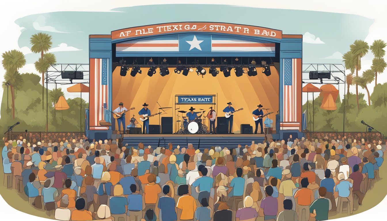 A lively concert stage with George Strait's band performing, surrounded by enthusiastic fans and Texas-themed decor